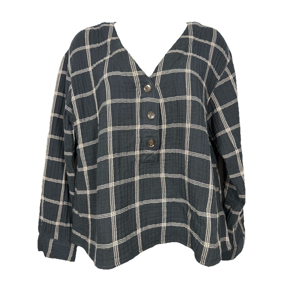 Madewell Wmn M Lightspun Evert Cotton Gauze Henley Windowpane Plaid Blouse Grey